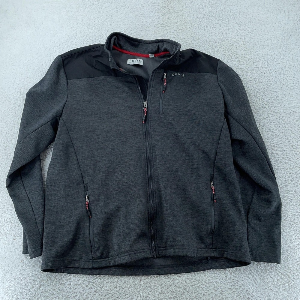 Orvis Soft Shell Jacket Mens XL Gray Black Full Zip Fleece Outdoors Hiking